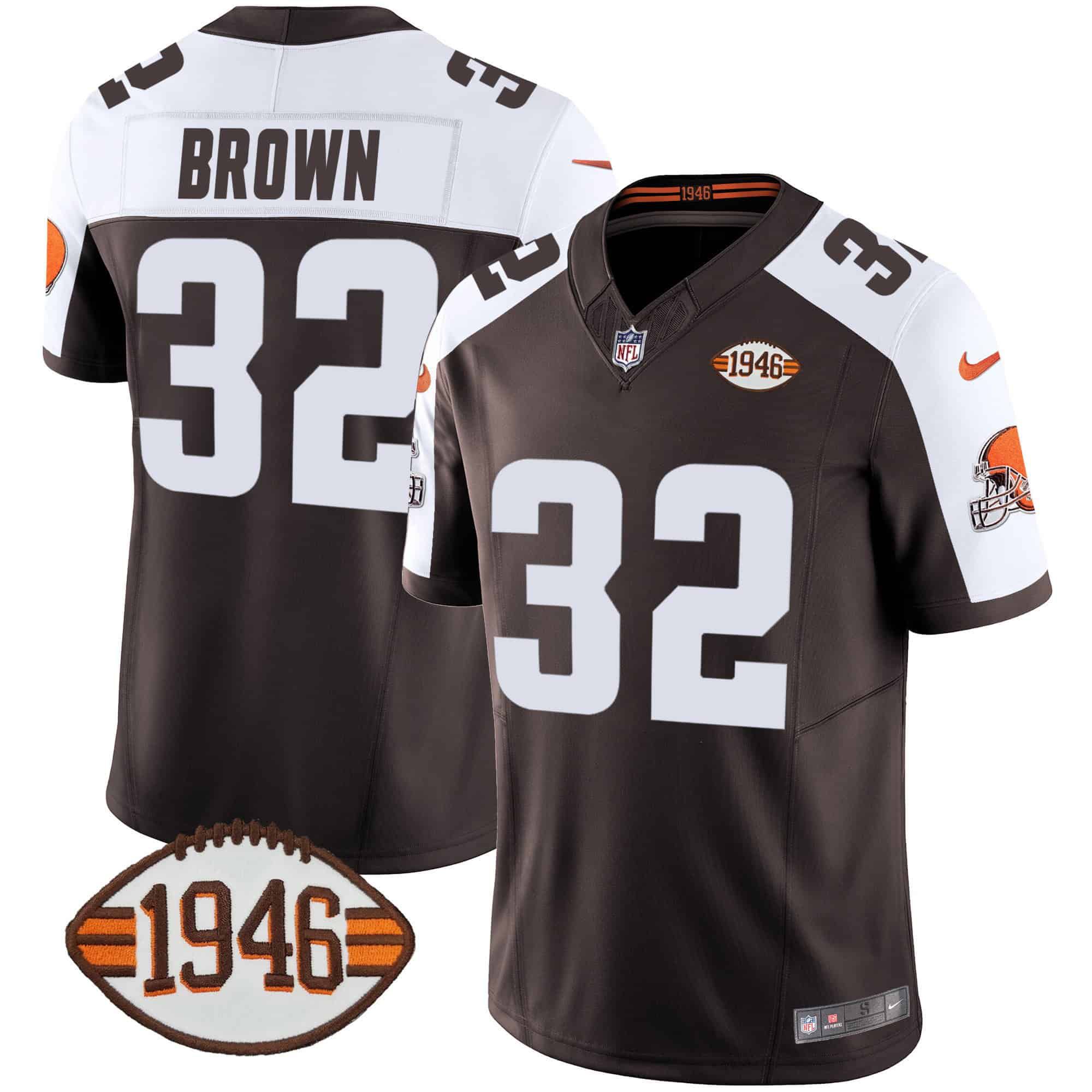 Men Cleveland Browns #32 Brown Brown 1946 75th Anniversary Patch 2024 Nike NFL Jersey